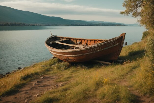 Paisajes pacíficos viejo barco de pesca oxidado en la ladera a lo largo de la orilla del lago