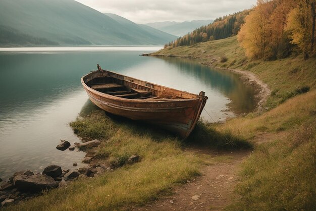 Paisajes pacíficos viejo barco de pesca oxidado en la ladera a lo largo de la orilla del lago