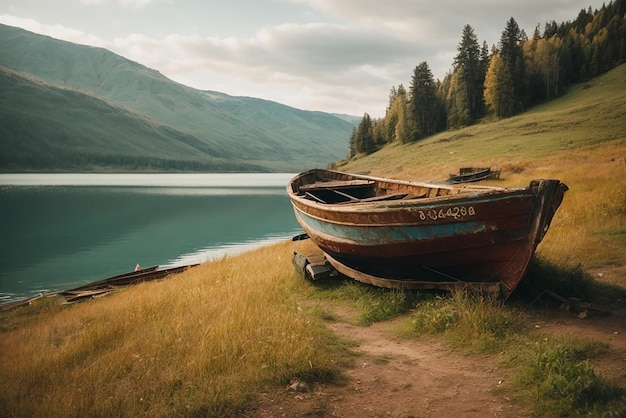 Paisajes pacíficos viejo barco de pesca oxidado en la ladera a lo largo de la orilla del lago