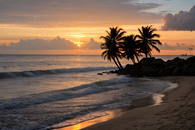 Foto paisajes de una playa al atardecer con una palmera