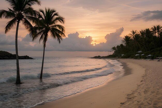 Foto paisajes de una playa al atardecer con una palmera