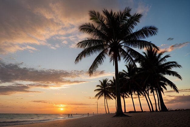 Foto paisajes de una playa al atardecer con una palmera