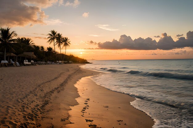 Foto paisajes de una playa al atardecer con una palmera