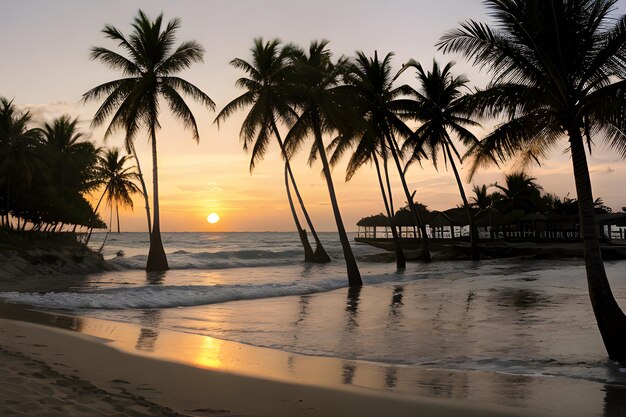 Foto paisajes de una playa al atardecer con una palmera