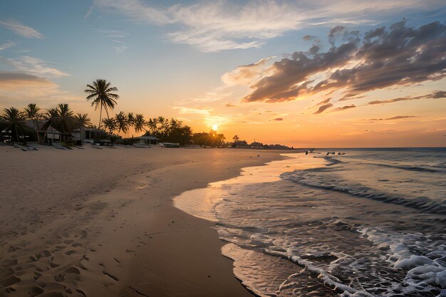 Foto paisajes de una playa al atardecer con una palmera