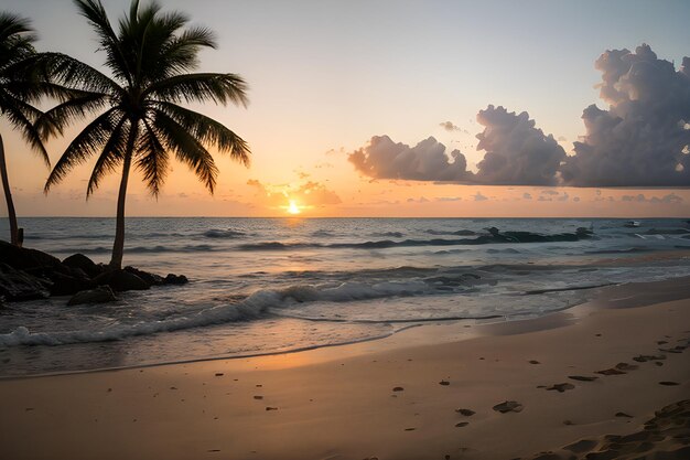 Foto paisajes de una playa al atardecer con una palmera