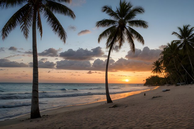 Foto paisajes de una playa al atardecer con una palmera