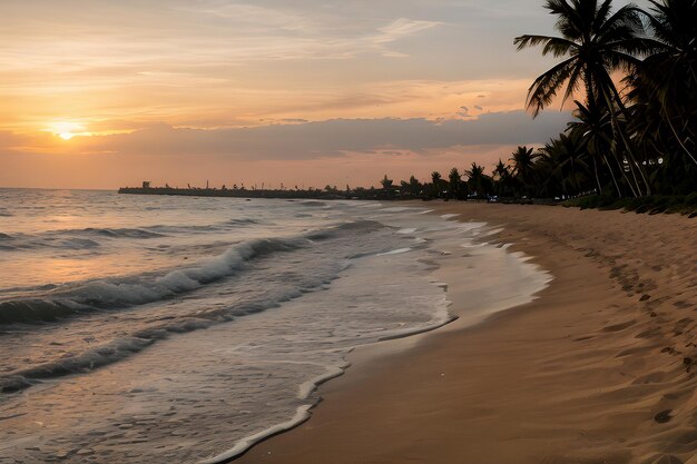 Foto paisajes de una playa al atardecer con una palmera