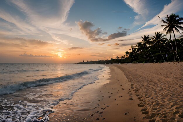 Foto paisajes de una playa al atardecer con una palmera