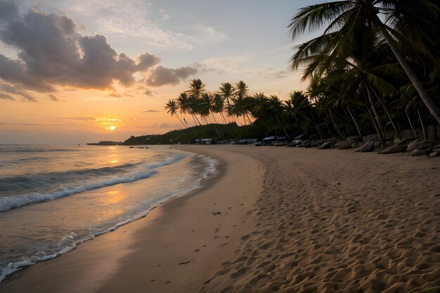 Foto paisajes de una playa al atardecer con una palmera