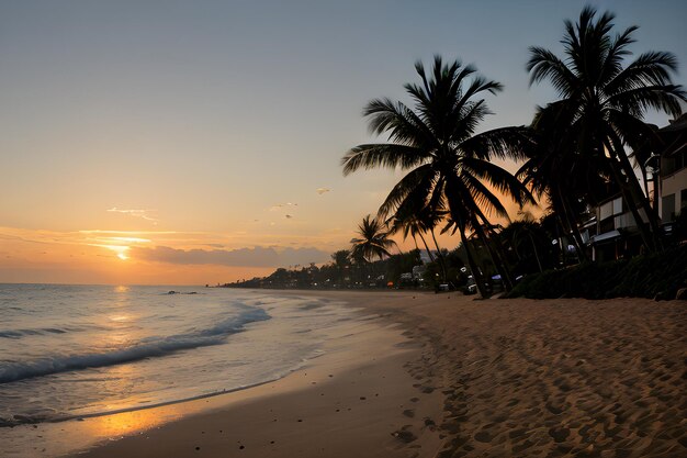 Foto paisajes de una playa al atardecer con una palmera