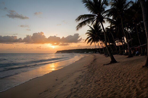 Foto paisajes de una playa al atardecer con una palmera