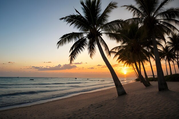 Foto paisajes de una playa al atardecer con una palmera