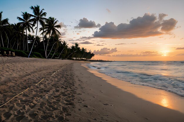 Foto paisajes de una playa al atardecer con una palmera