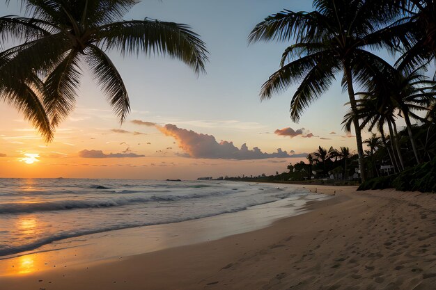 Foto paisajes de una playa al atardecer con una palmera