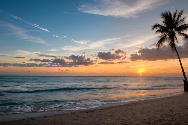 Foto paisajes de una playa al atardecer con una palmera