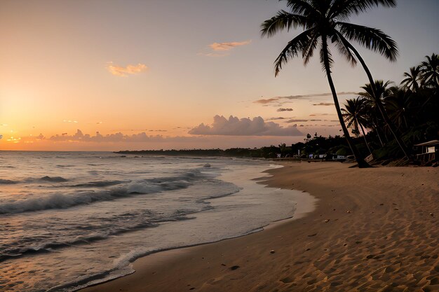 Foto paisajes de una playa al atardecer con una palmera