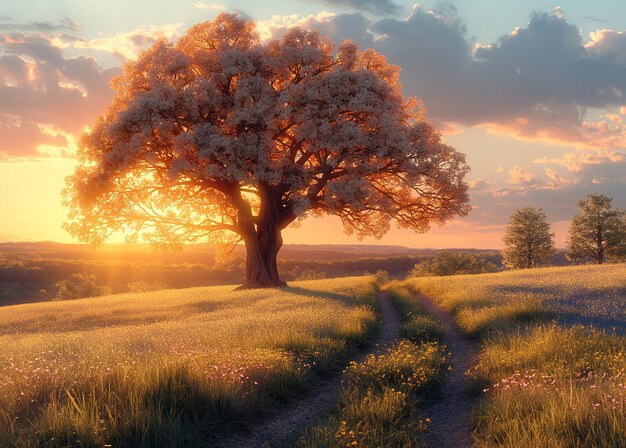 Paisajes de primavera con árboles en flor campos de flores en flor días soleados y brillantes