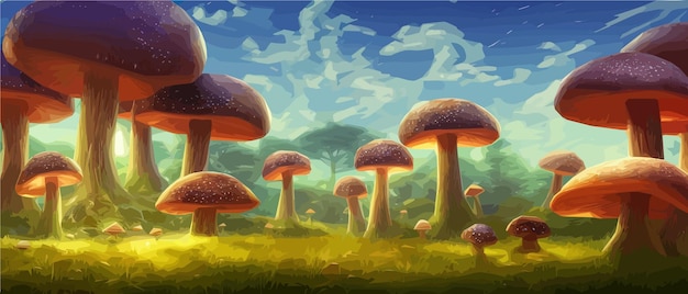 Paisajes de setas surrealistas paisaje del país de las maravillas de fantasía con setas lunares ilustración vectorial Fantasía de ensueño