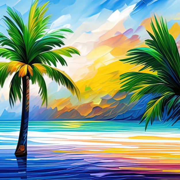 Foto paisajes sobre la arena del mar y un océano de palmeras pintura al óleo hecha a mano