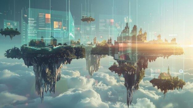 Paisajes urbanos etéreos Una visión de futuras islas urbanas flotando en medio de las nubes