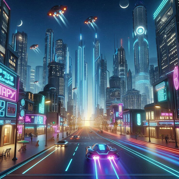 Paisajes urbanos futuristas en 3D El papel de las vallas publicitarias holográficas en el diseño moderno foto