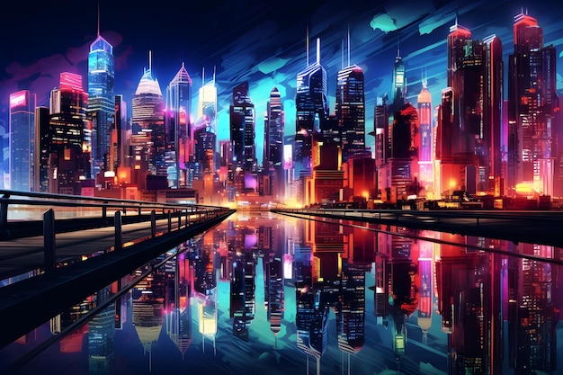 Los paisajes urbanos iluminados por el neón que se reflejan en las piscinas de agua crean un paisaje futurista y metropolitano