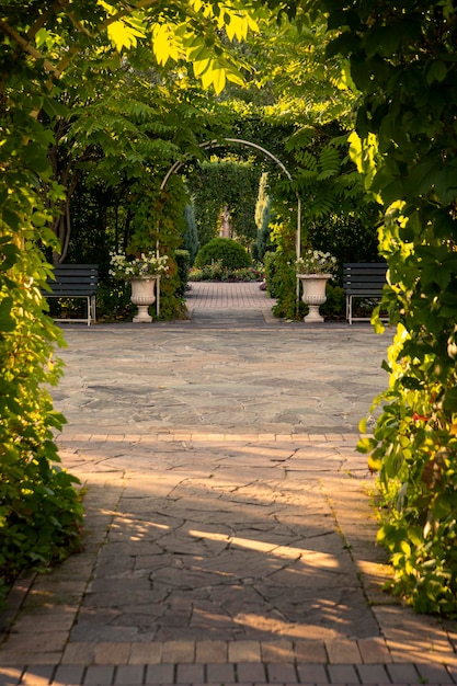 Foto paisajismo del parque arcos verdes de plantas arboles arbustos macizos de flores