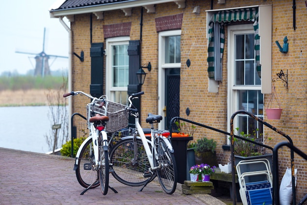 Países Bajos. Bicicleta retro con canasta de pie en una calle de kinderdijk