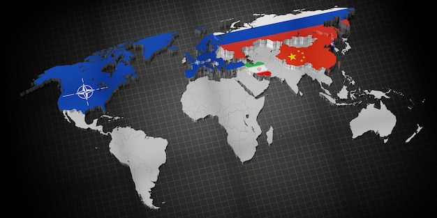 Foto países membros da otan rússia china irã e coreia do norte mapa e bandeiras ilustração 3d