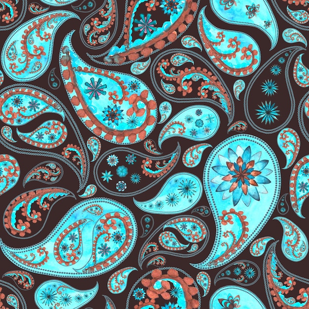 Paisley abstrato floral vintage sem costura padrão em estilo oriental. Aquarela mão desenhada azul teal turquesa marrom textura sobre fundo marrom. Papel de parede, embalagem, têxtil, tecido