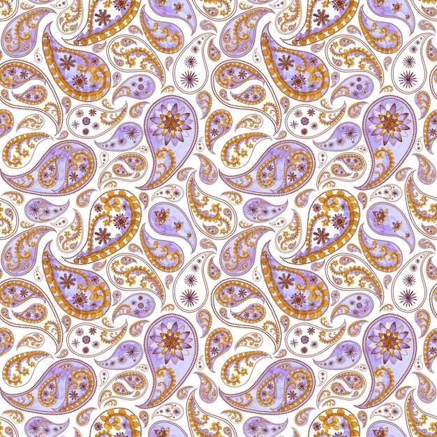 Paisley abstrato floral vintage sem costura padrão em estilo oriental. Aquarela mão desenhada textura roxa violeta lilás amarelo laranja em fundo branco. Papel de parede, embalagem, têxtil, tecido