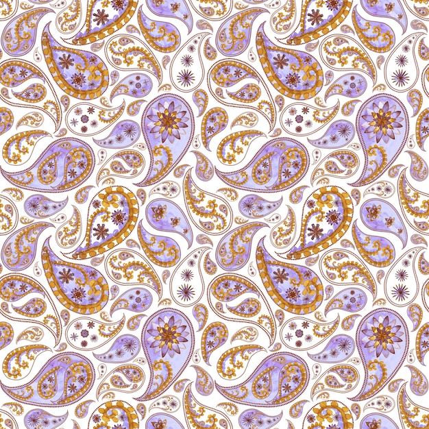 Paisley abstrato floral vintage sem costura padrão em estilo oriental. aquarela mão desenhada textura roxa violeta lilás amarelo laranja em fundo branco. papel de parede, embalagem, têxtil, tecido