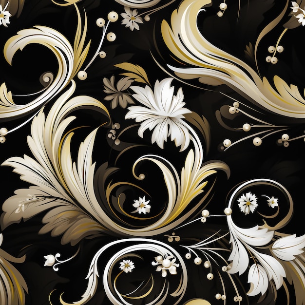 Paisley abstrato floral vintage sem costura padrão em estilo oriental preto e branco Generative ai