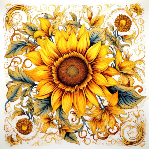 Paisley Sunflower Um desenho vibrante e elegante em uma tela branca quadrada