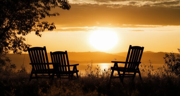 Foto paixão no pôr-do-sol, cadeiras tranquilas, cenário sereno.