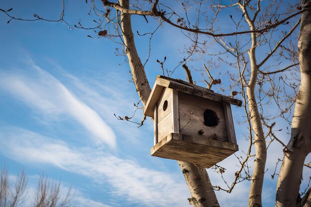 Pajarera y alimentador en rama de árbol con vista al cielo azul creado con ai generativo