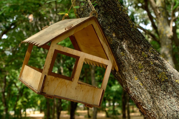 Pajarera de madera o comedero adjunto al árbol en un parque.