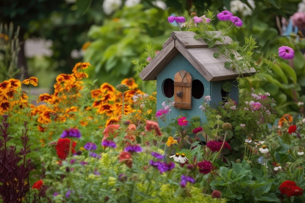 Pajarera rodeada por un jardín con coloridas flores y mariposas creadas con ai generativo