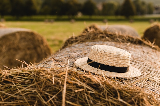 Foto pajares con sombrero en un campo en una granja