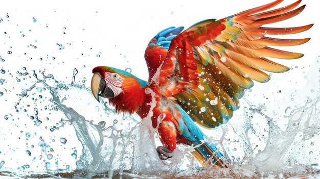 El pájaro agita las alas en el agua salpicaduras de colores vívidos ángulo frontal escena blanca cinematográfica