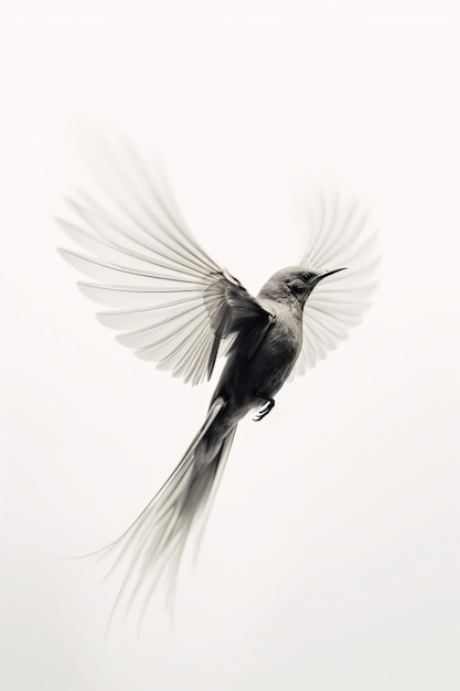 Un pájaro con un ala blanca está volando en el aire.