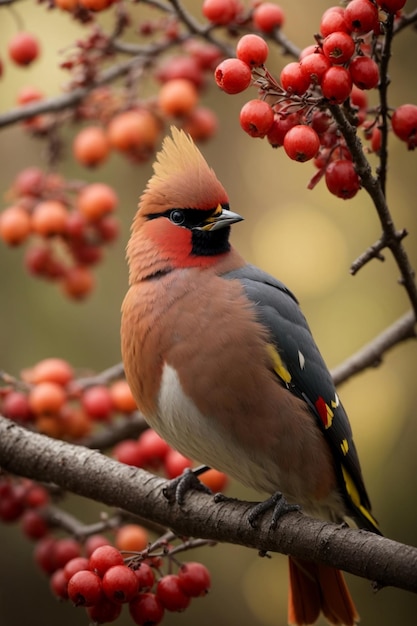 Un pájaro de ala de cera bohemia sentado en una rama con hojas y flores en el fondo natural