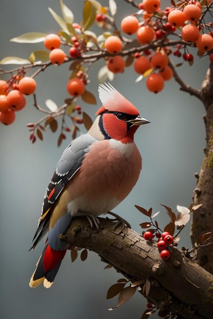 Un pájaro de ala de cera bohemia sentado en una rama con hojas y flores en el fondo natural