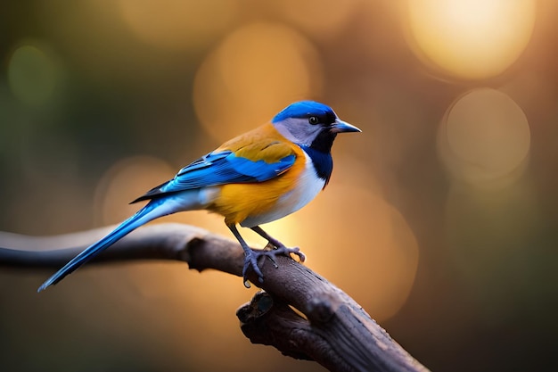 Un pájaro con alas azules y amarillas se sienta en una rama.