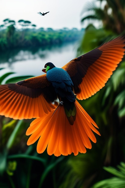 Un pájaro con alas naranjas y cola azul está volando en el aire.