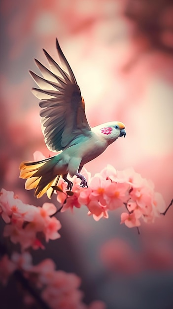 Un pájaro con alas rosas vuela en el aire.