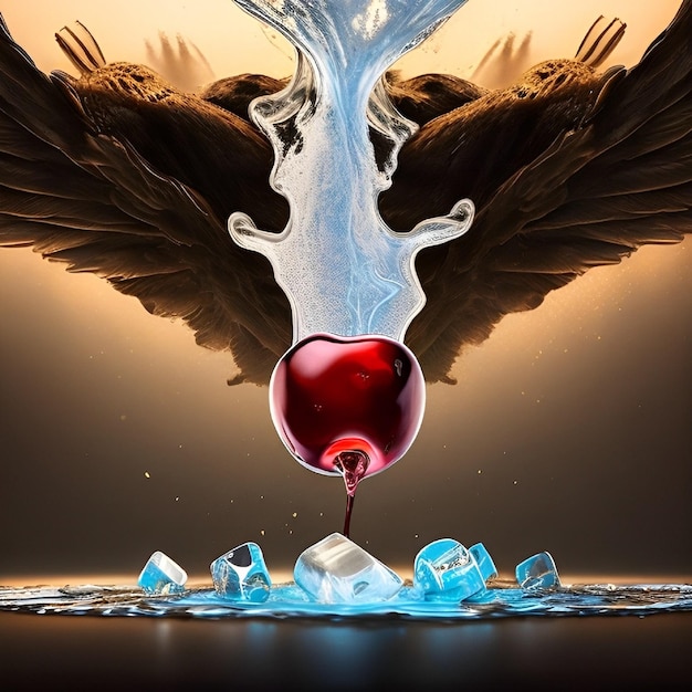 Un pájaro con alas se vierte en un cubo de hielo en forma de corazón.