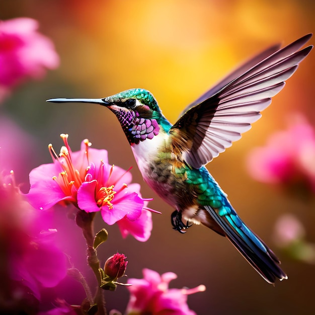 un pájaro se alza en una flor con su pico ai generado