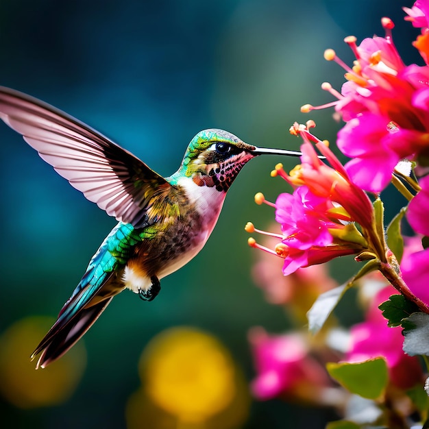 un pájaro se alza en una flor con su pico ai generado